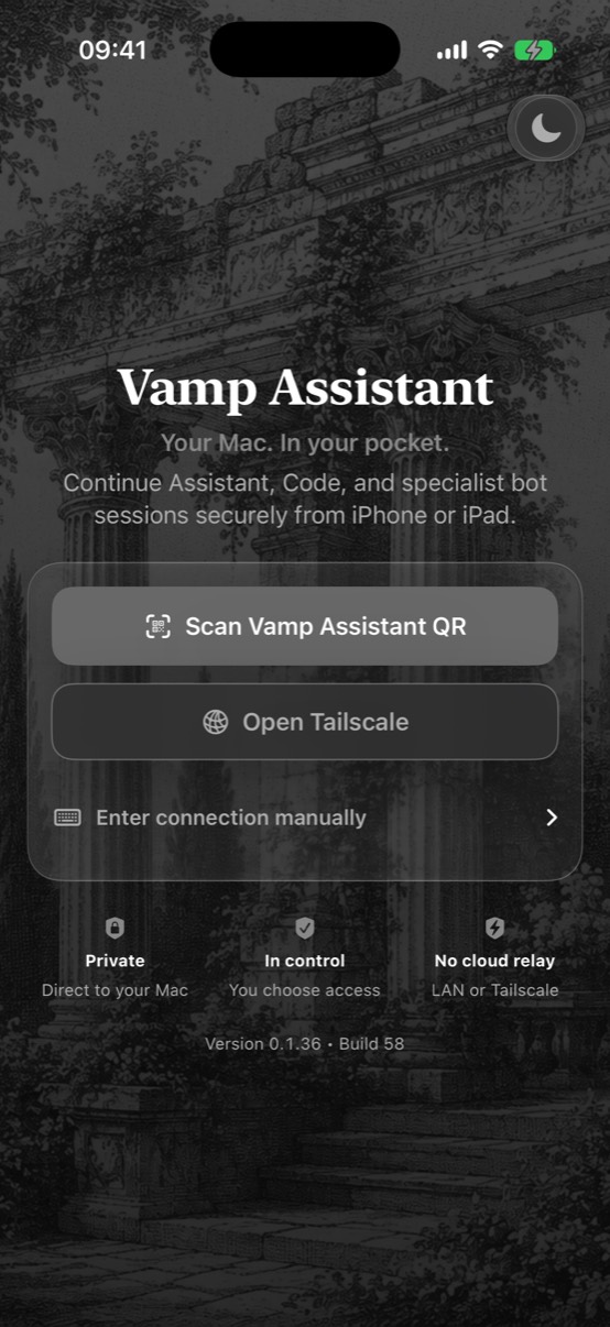 Vamp Assistant iPhone companion pairing screen with QR scan, Tailscale, and private-connection notes