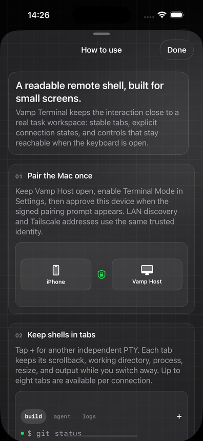 Vamp Terminal visual guide showing pairing and tab instructions