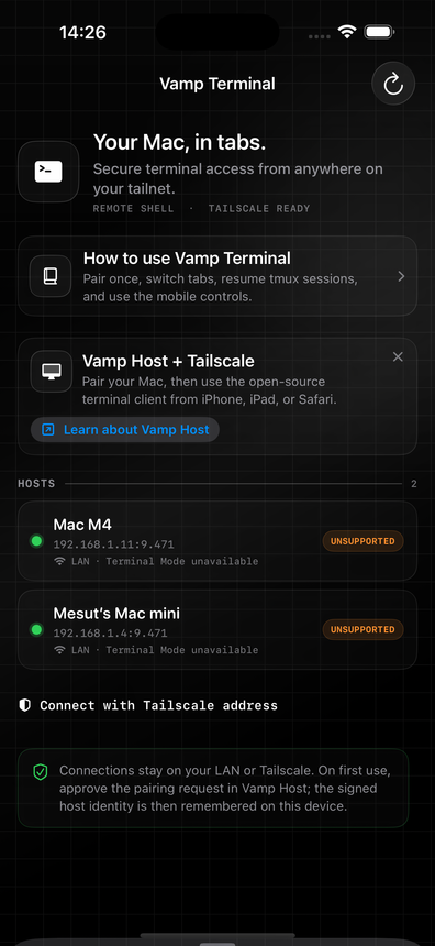 Vamp Terminal home screen with transparent glass host cards and setup guide