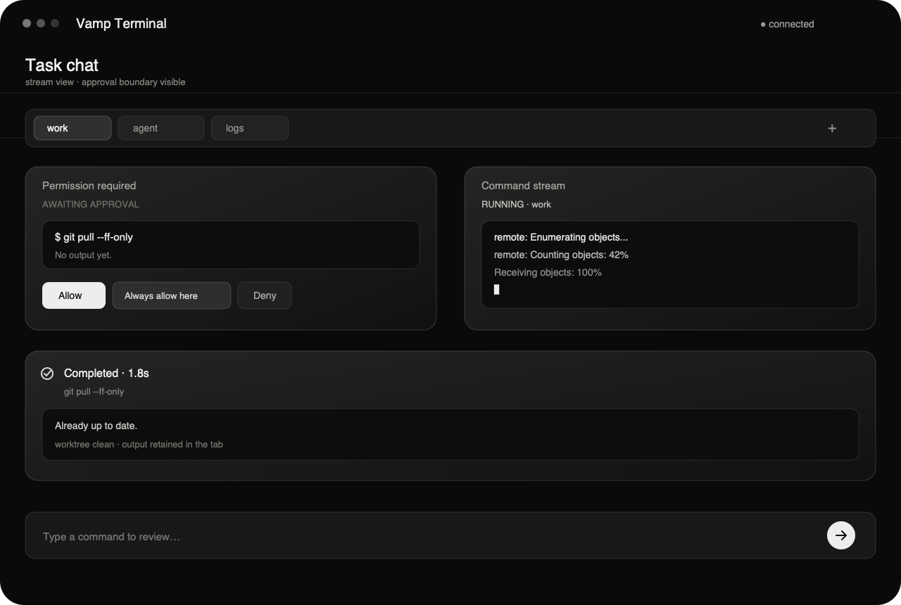 Vamp Terminal stream view showing permission, running, and completed command cards