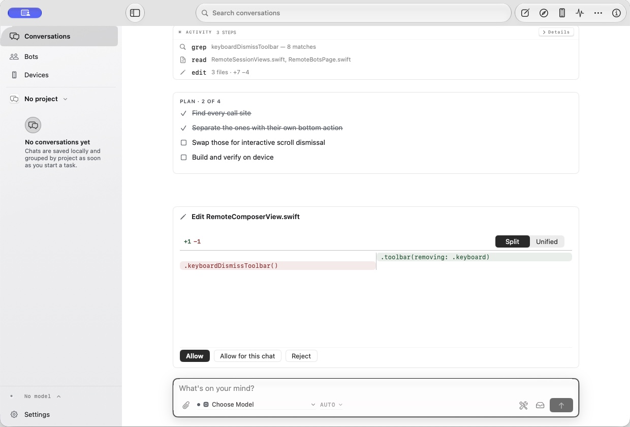 Vamp Assistant Mac coding session with tool activity, a plan, and a change review